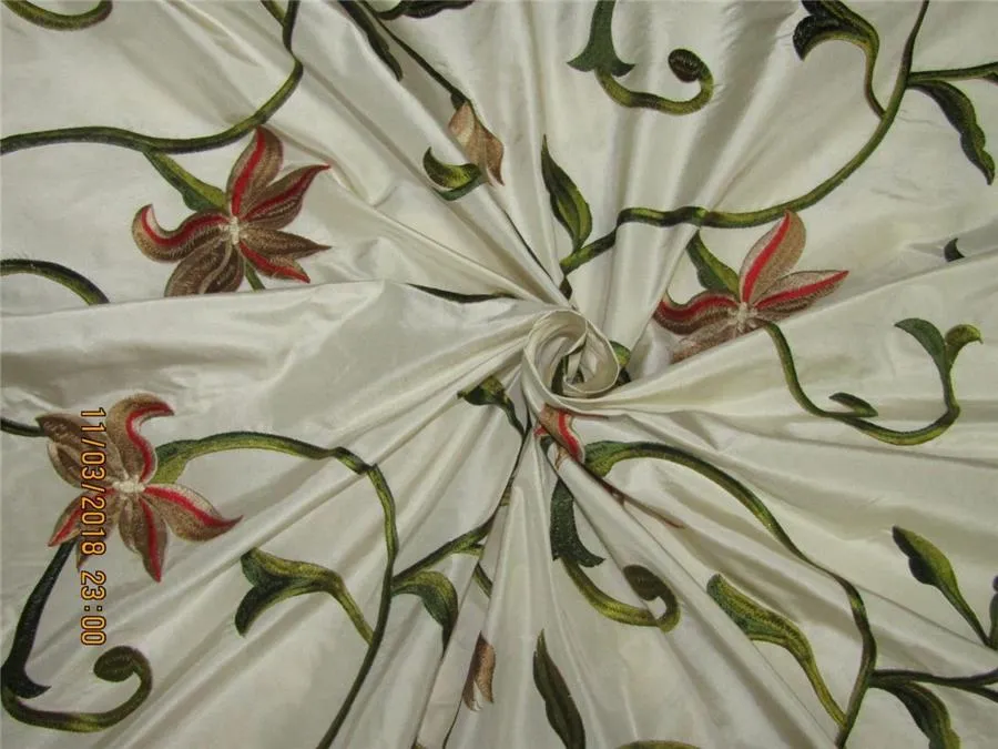 SILK TAFFETA FABRIC ivory with colorful floral Embroidery TAFE19