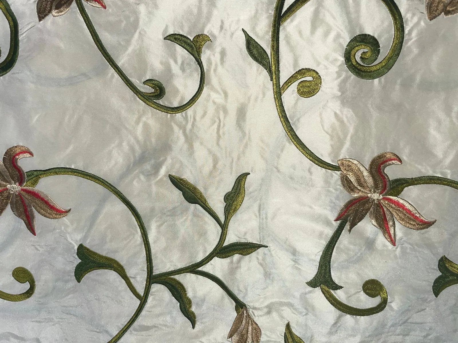 SILK TAFFETA FABRIC ivory with colorful floral Embroidery TAFE19