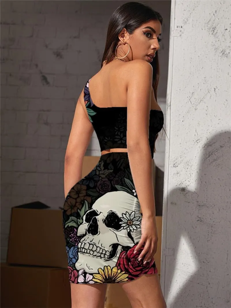 Skull Dresses Women Flower Halter Sleeveless Colorful 3d Print Graffiti Pleating