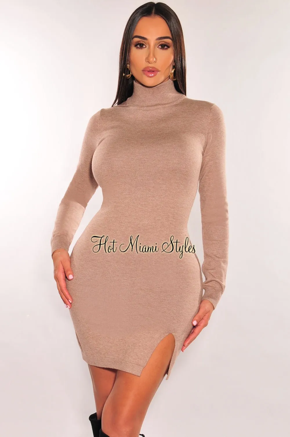 Taupe Ribbed Knit Turtleneck Long Sleeve Sweater Dress