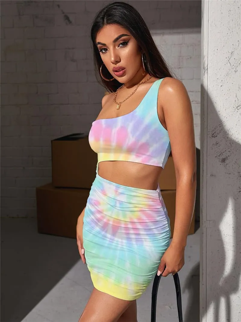 Tie Dye Dresses Women Dizziness 3d Print Harajuku Pleating Colorful Hollow out Dresses