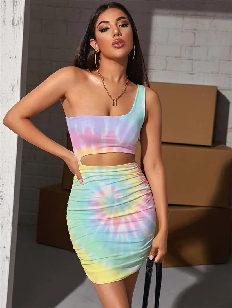 Tie Dye Dresses Women Dizziness 3d Print Harajuku Pleating Colorful Hollow out Dresses