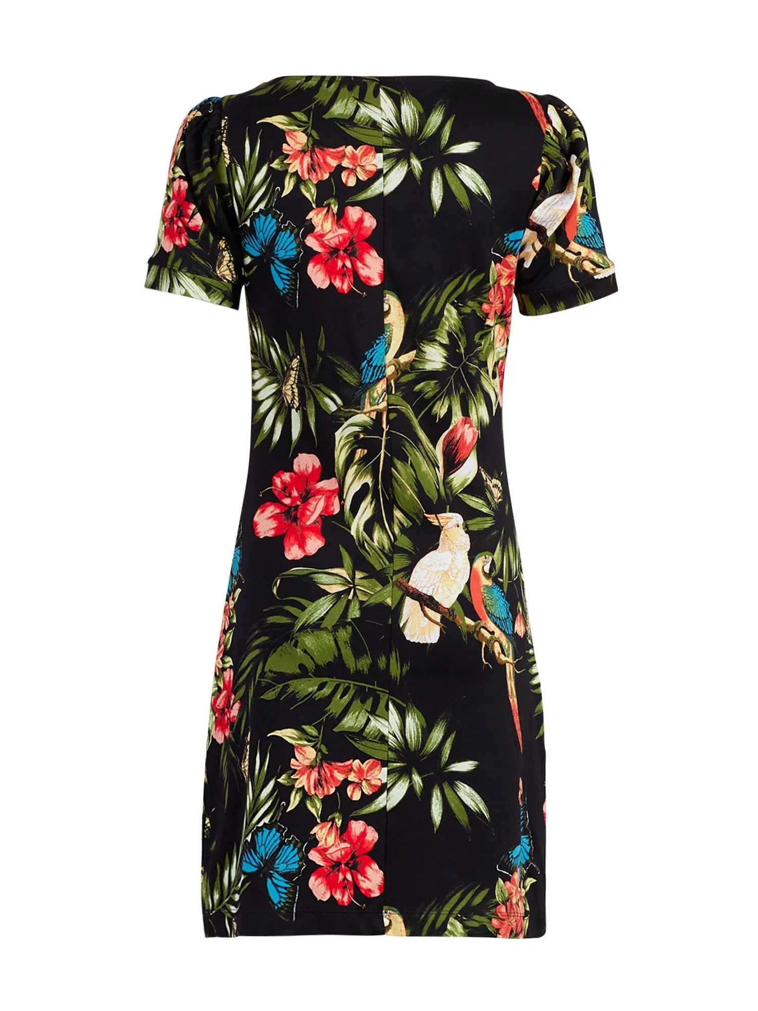 Tropical-Print Puff-Sleeve Cotton Shift Dress