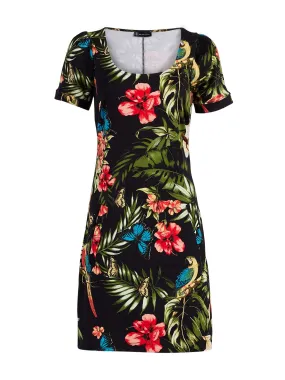 Tropical-Print Puff-Sleeve Cotton Shift Dress