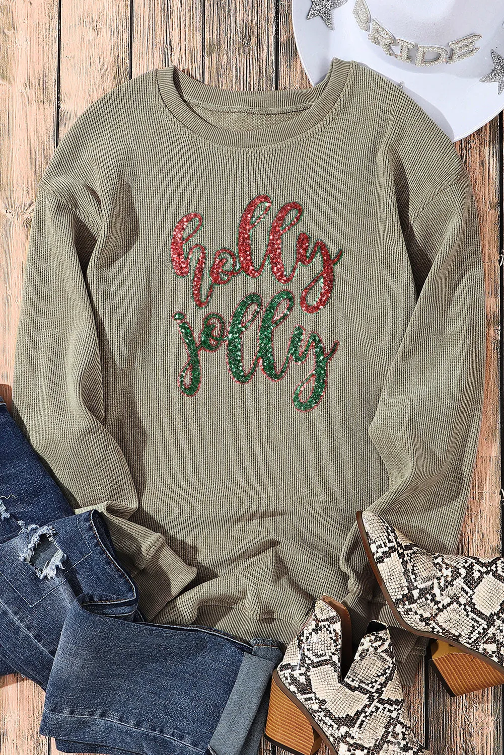 Women Christmas Sweatshirts Sequined Holly Jolly Graphic Corded Sweatshirt