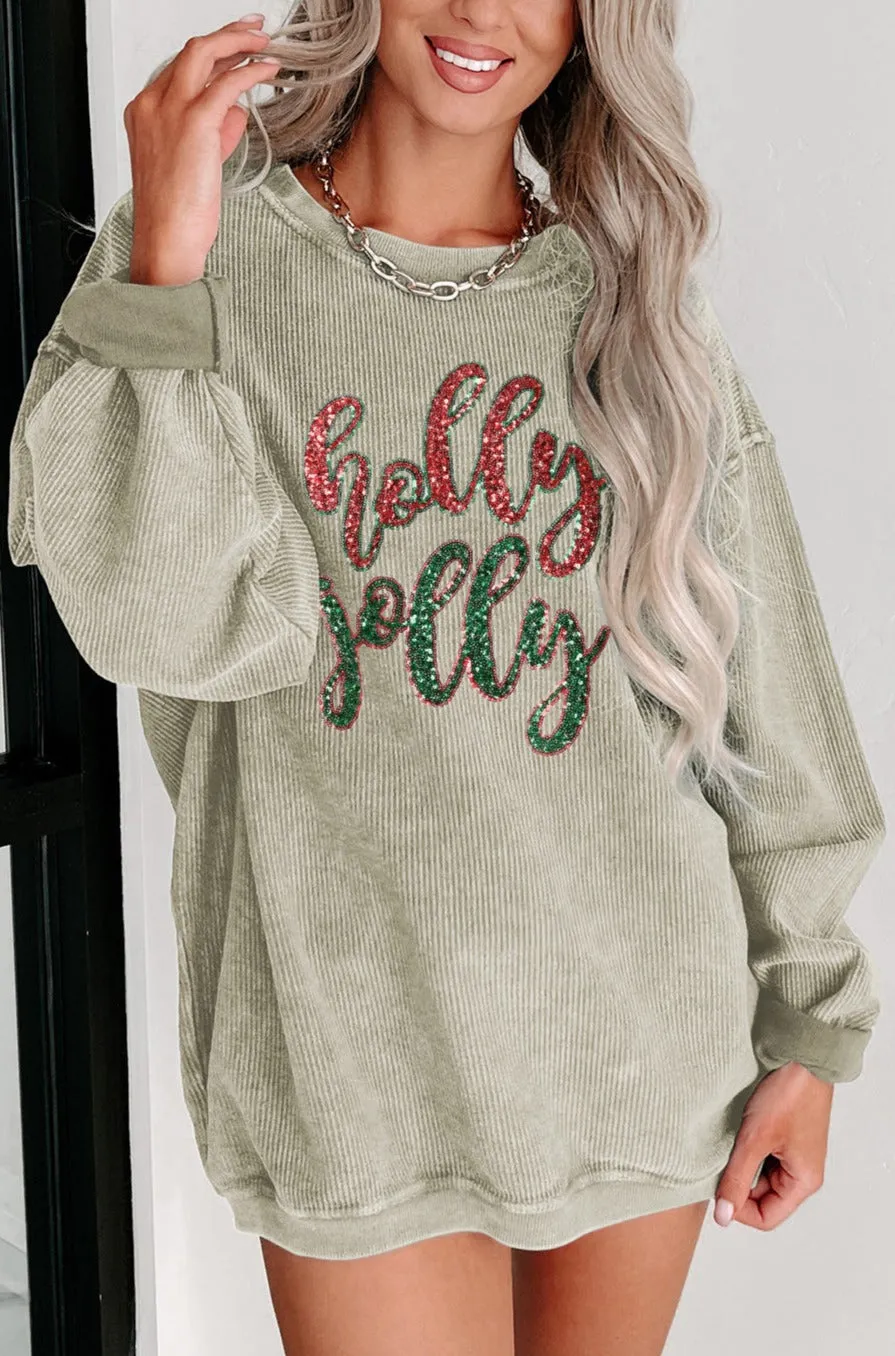 Women Christmas Sweatshirts Sequined Holly Jolly Graphic Corded Sweatshirt