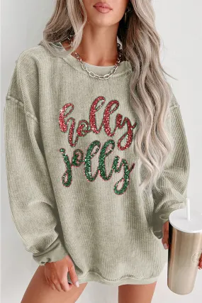 Women Christmas Sweatshirts Sequined Holly Jolly Graphic Corded Sweatshirt