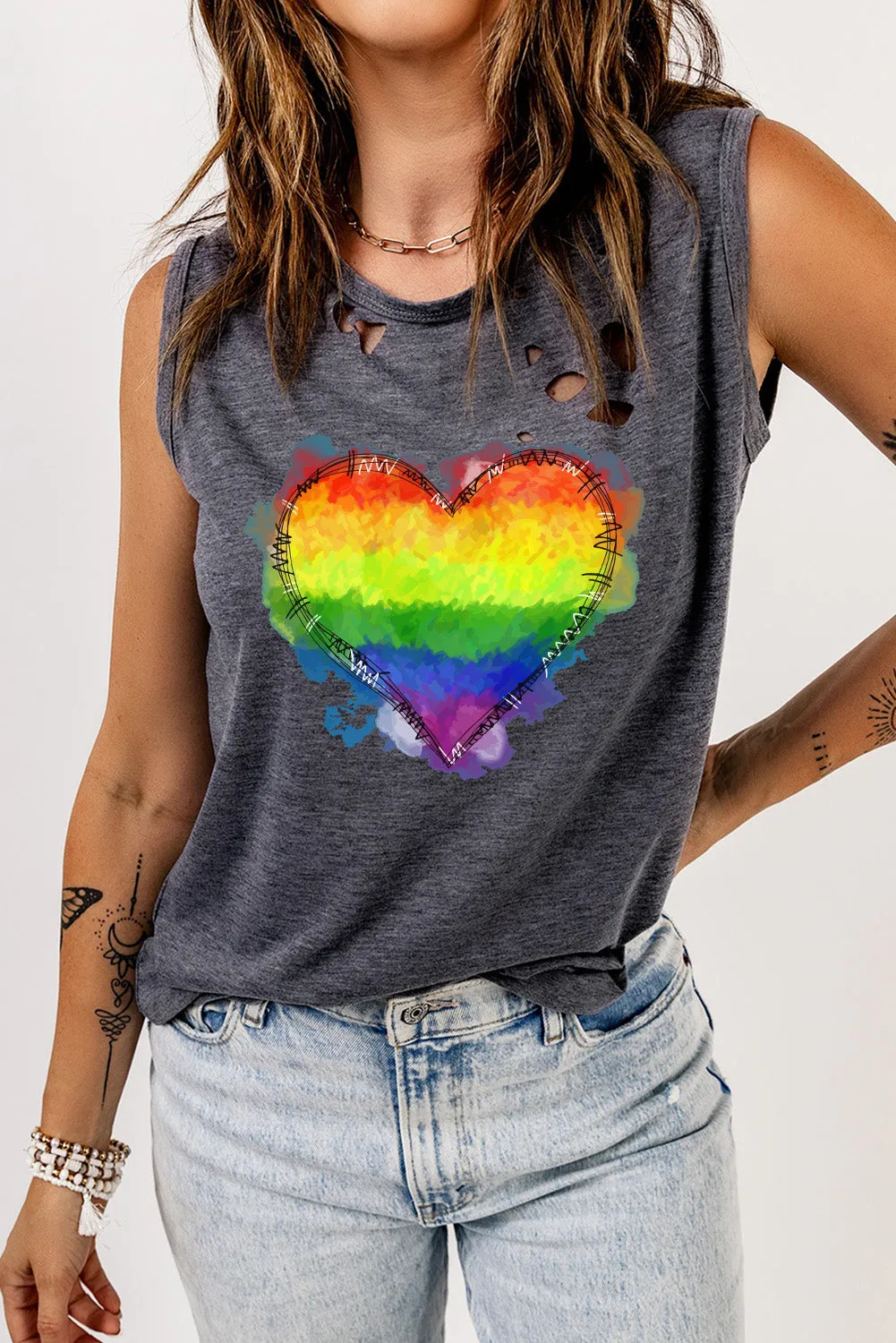 Women Pride Tank Top Rainbow Heart Print Sleeveless LGBT Distressed Tank