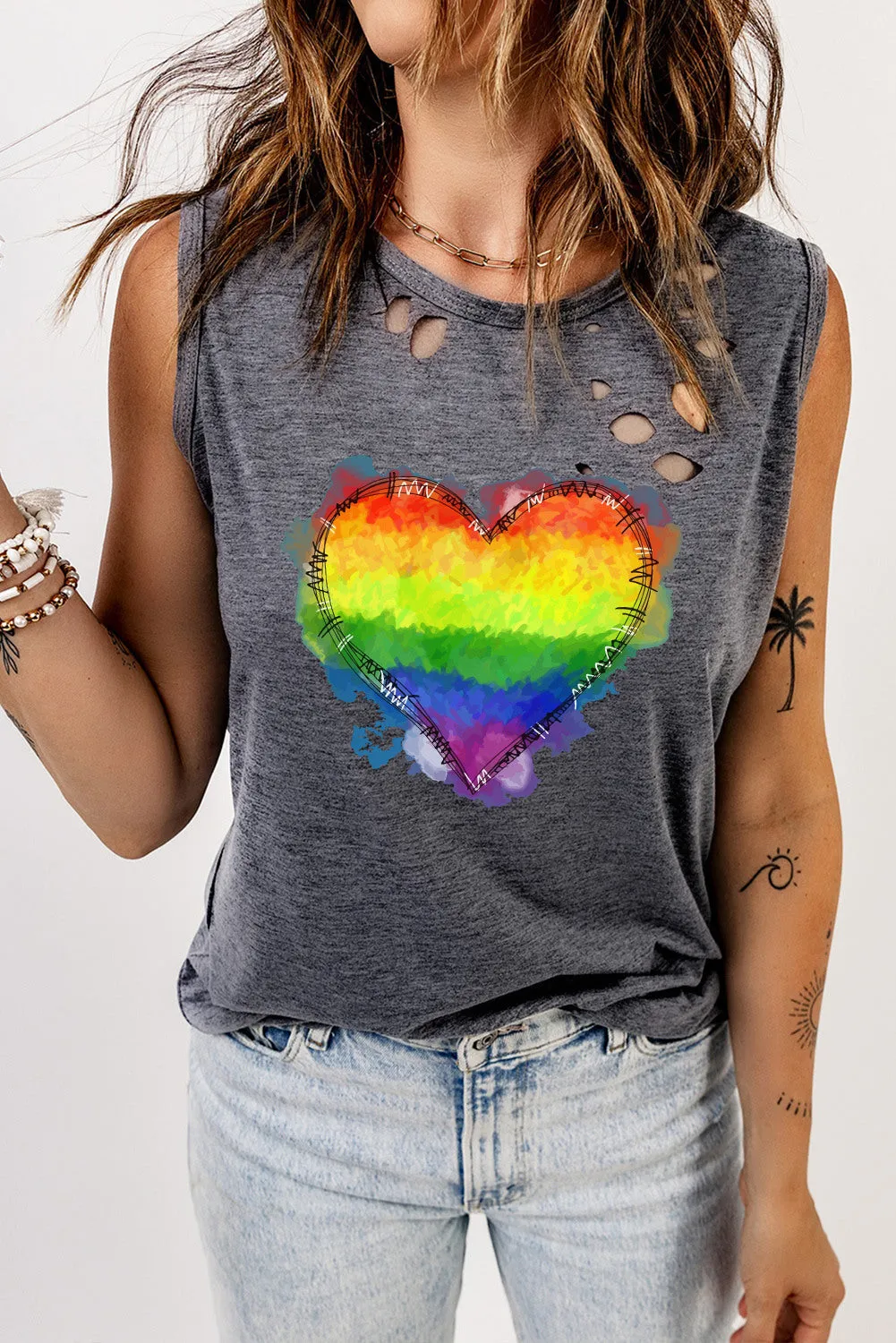 Women Pride Tank Top Rainbow Heart Print Sleeveless LGBT Distressed Tank