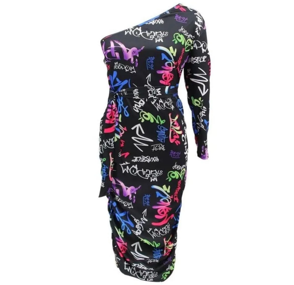 Women’s Black Graffiti One Shoulder Dress