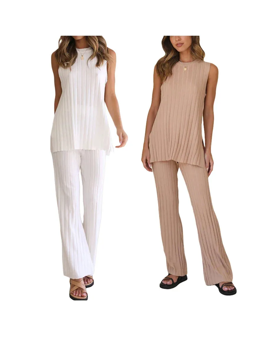 Women's Ribbed Sleeveless Top & Elastic Waist Pants Set