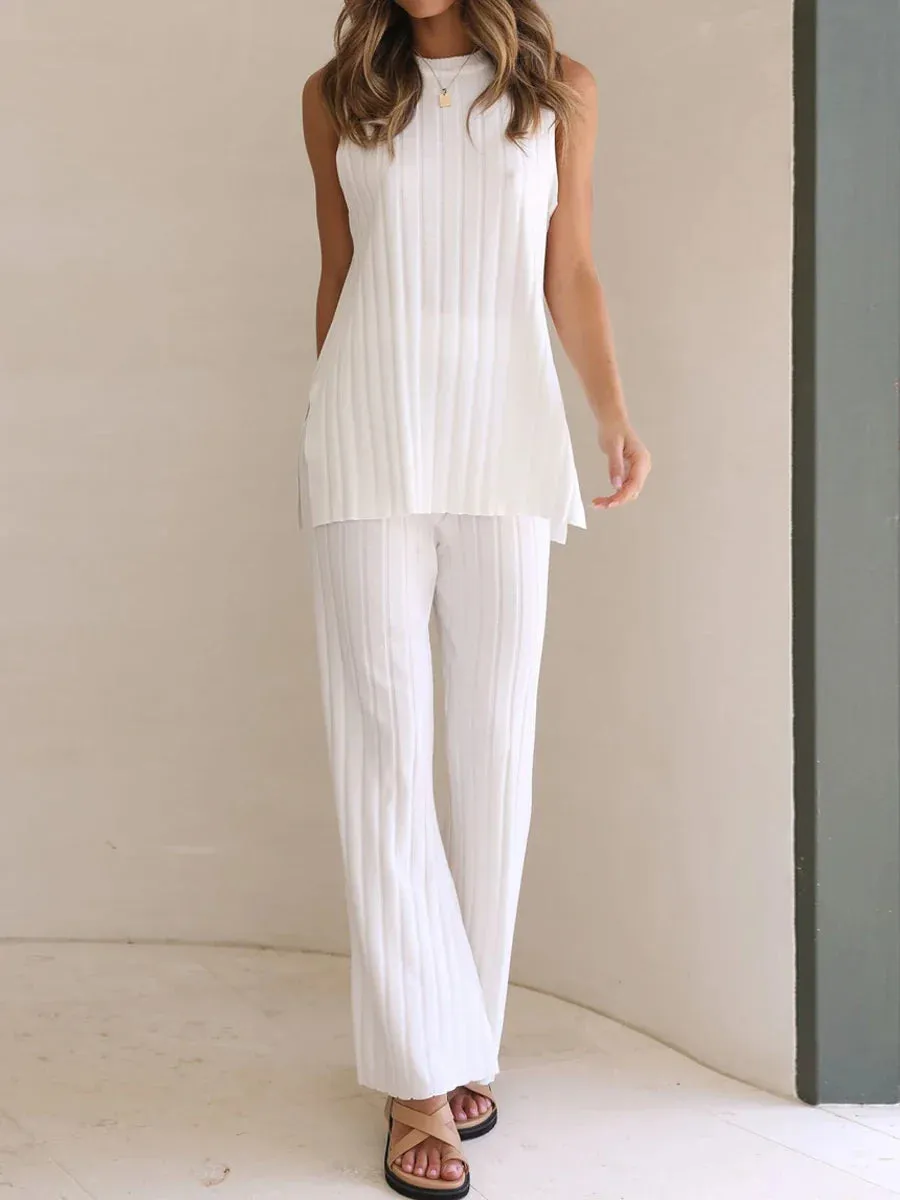 Women's Ribbed Sleeveless Top & Elastic Waist Pants Set