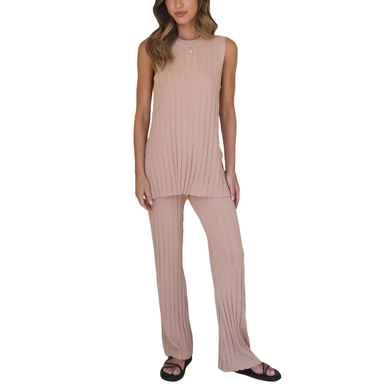 Women's Ribbed Sleeveless Top & Elastic Waist Pants Set